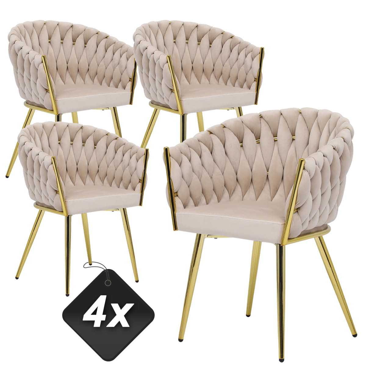 Zestaw 4x Krzeseł Tapicerowanych MISTRAL LUX Plecionych Beżowych Nowoczesnych Glamour do Salonu