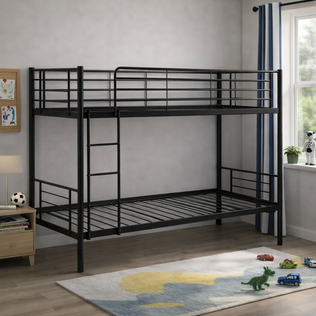 Łóżko metalowe piętrowe 90x200 czarne RAVEN