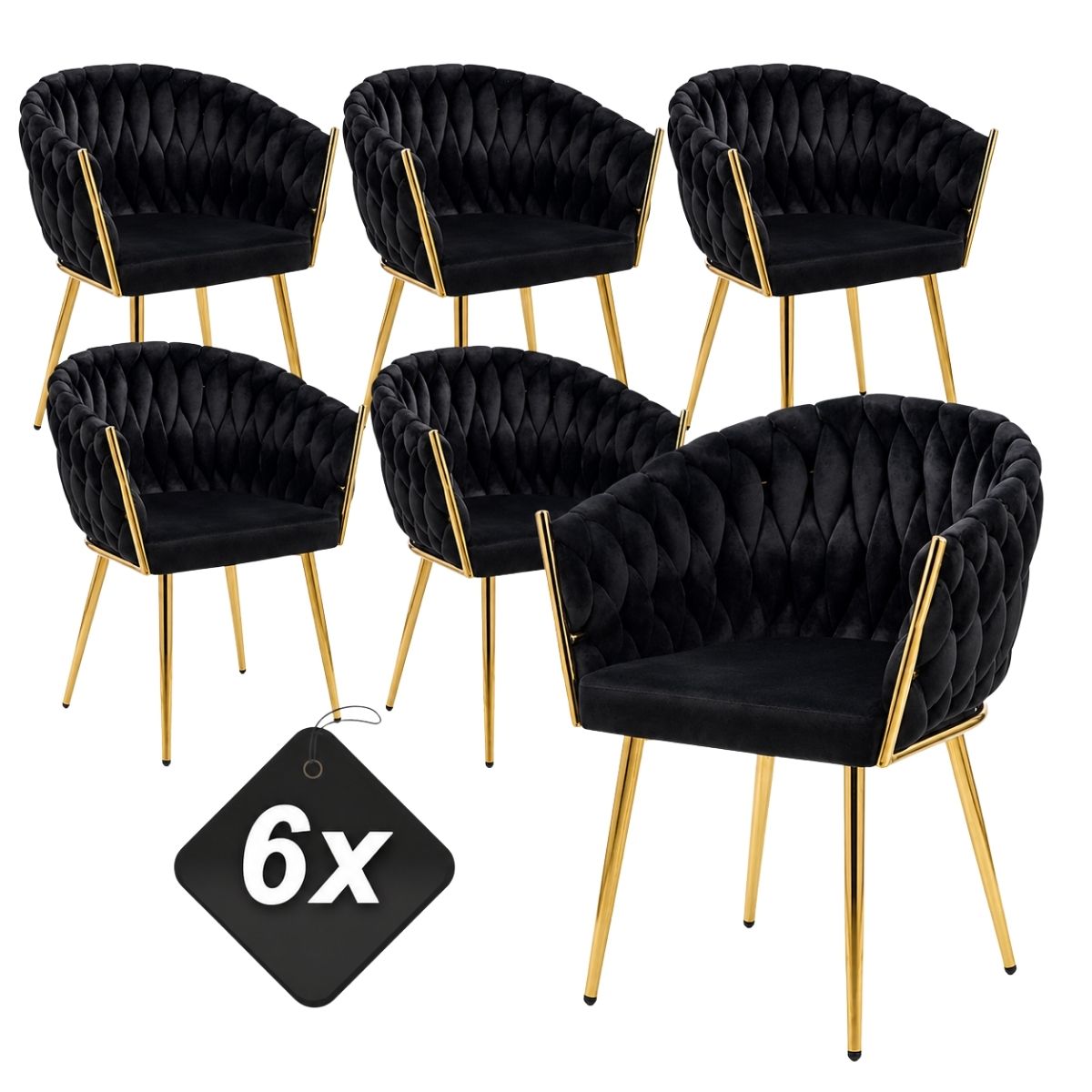 Zestaw 6x Krzeseł Tapicerowanych MISTRAL LUX Plecionych Czarnych Nowoczesnych Glamour do Salonu